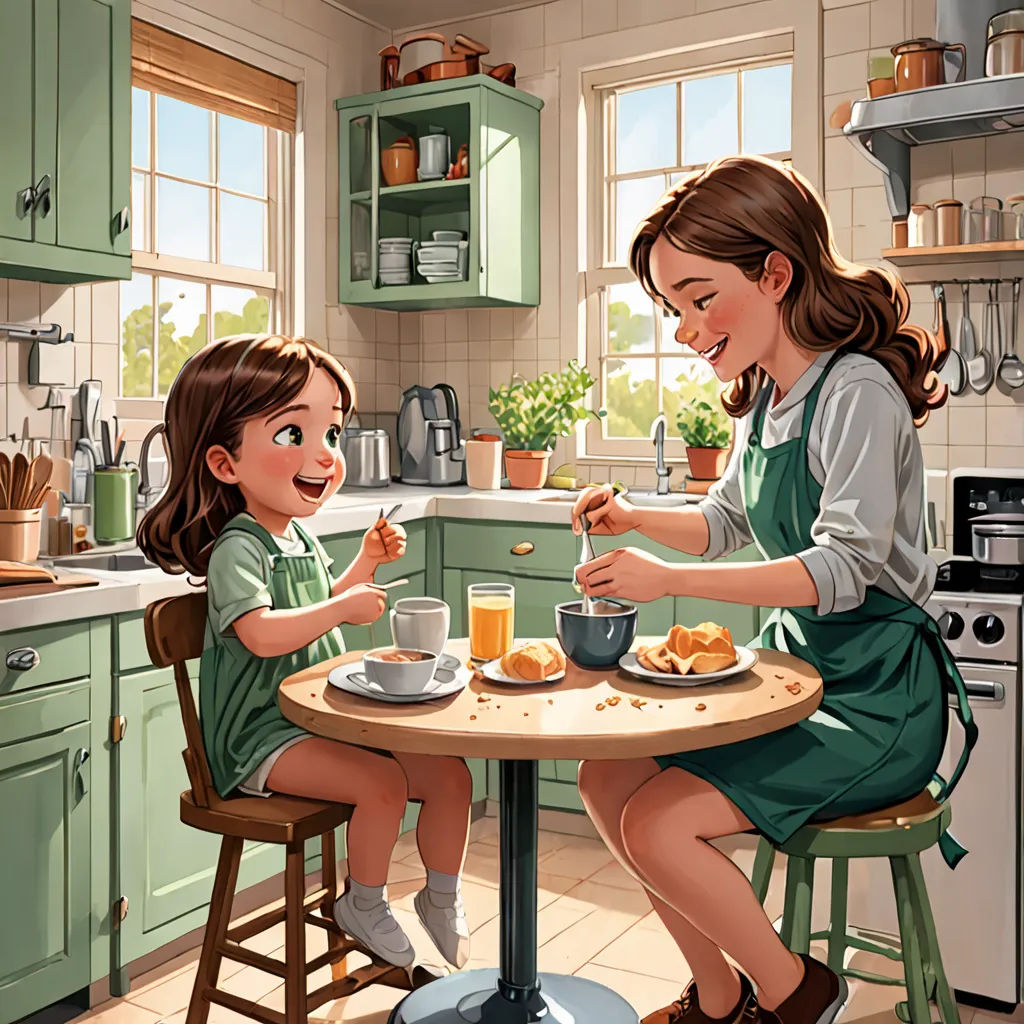 a painting of two girls eating breakfast at a kitchen table together, with a green kitchen cabinets and green cabinets, american scene painting, a storybook illustration, Alejandro Burdisio, storybook illustration
