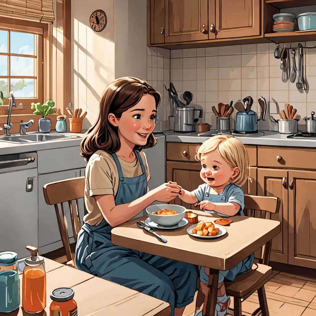 a woman and a child sitting at a table eating food together in a kitchen with a window in the background, photorealism, a storybook illustration, Colin Middleton, storybook illustration