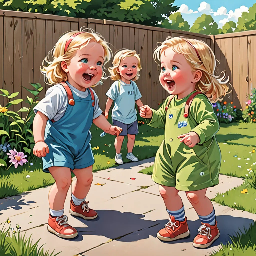 a couple of little girls standing next to each other on a sidewalk in a yard with a fence and flowers, figurative art, a storybook illustration, Brothers Hildebrandt, detailed illustration