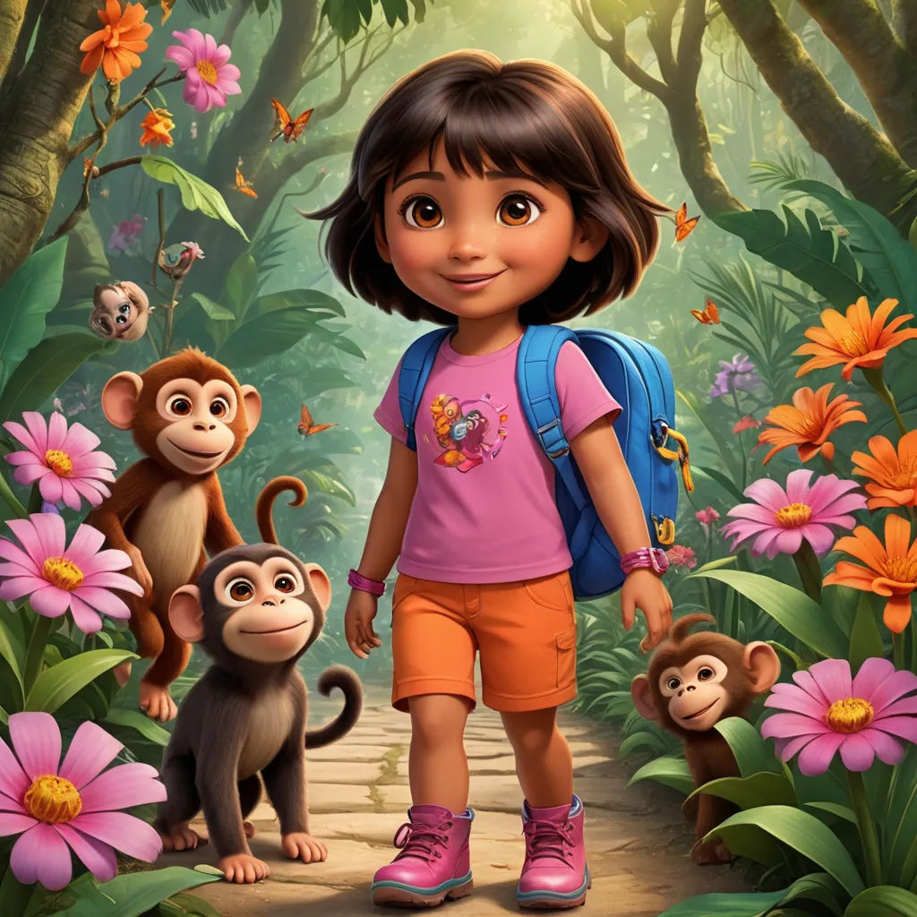 a girl with a backpack and three monkeys in a jungle with flowers and butterflies around her, and a monkey on the right side of the picture, furry art, poster art, Ella Guru, promotional image
