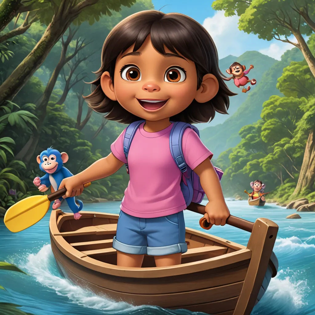 a cartoon girl standing in a boat in the water with monkeys flying above her and a monkey on the boat, sots art, a character portrait, Ada Gladys Killins, promotional image