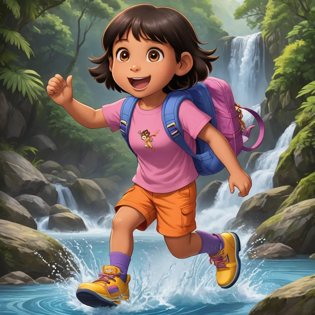 a girl running across a river in front of a waterfall with a backpack on her back and a backpack on her shoulder, sots art, a character portrait, Ada Hill Walker, promotional image