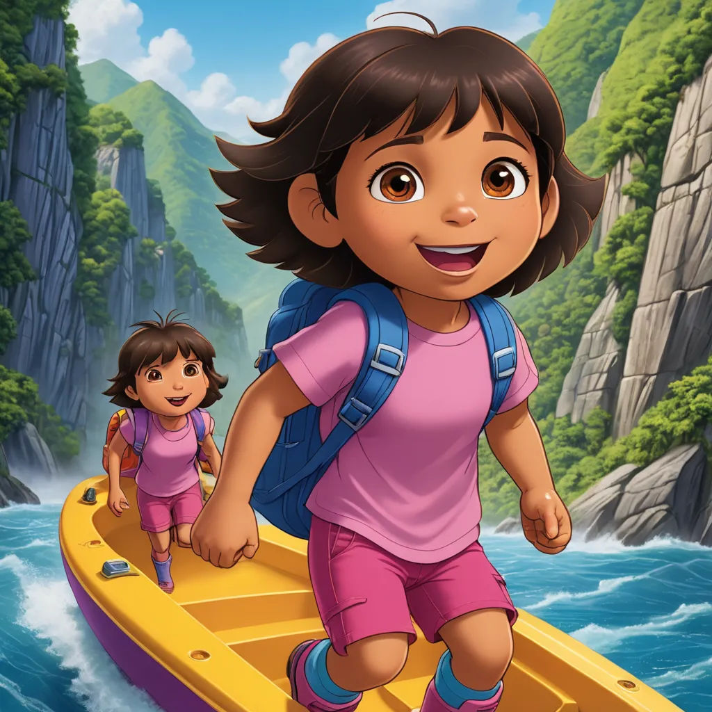 a cartoon girl and a boy are walking on a boat in the water near a cliff and a waterfall, regionalism, a stock photo, Briana Mora, promotional image