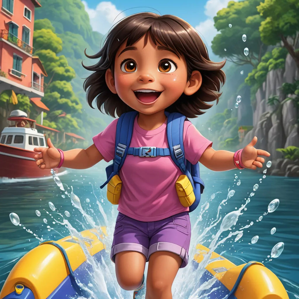 a cartoon girl is riding a raft in the water with a life jacket on and a life jacket on, sots art, a character portrait, Cliff Childs, promotional image