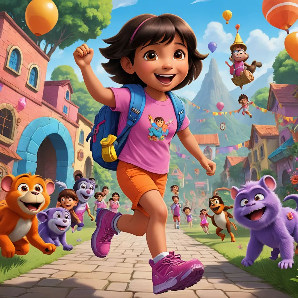 a girl running through a park with lots of animals around her and a bunch of balloons in the air, furry art, poster art, disney, promotional image