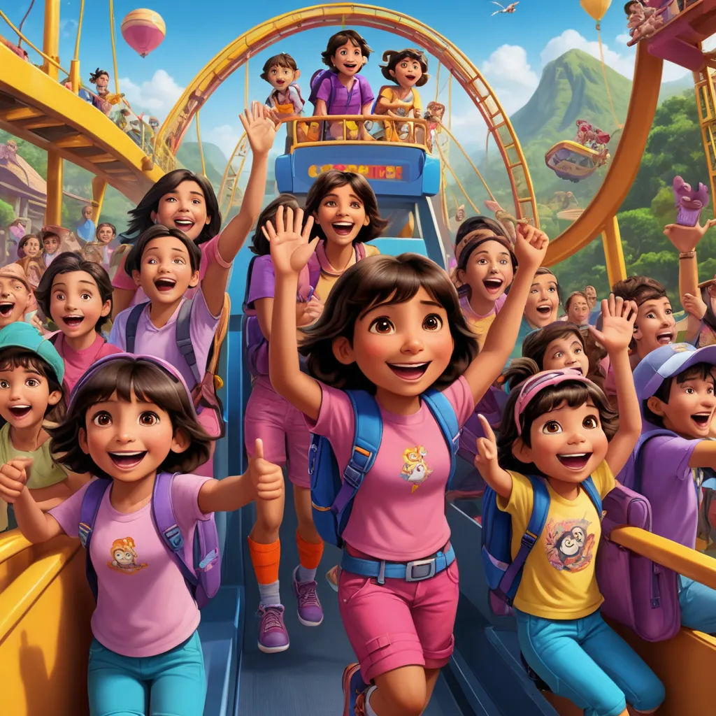 a cartoon of a group of children riding a roller coaster at a carnival or amusement park with a roller coaster in the background, maximalism, a stock photo, disney, promotional image