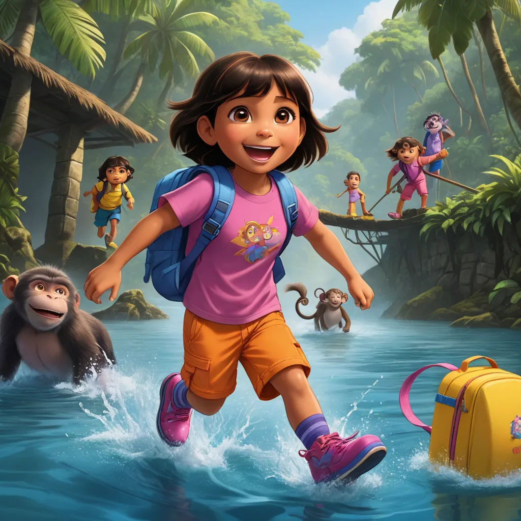 a girl is crossing a river with a monkey and a backpack on her back and a monkey behind her, furry art, a storybook illustration, disney, promotional image