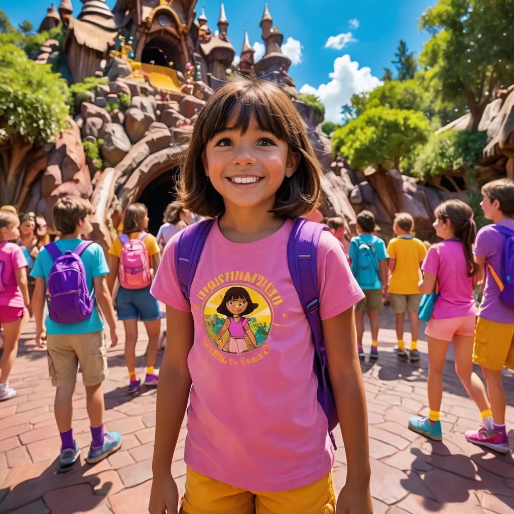 a girl in a pink shirt and yellow shorts stands in front of a group of children in front of a castle, excessivism, a character portrait, disney, promotional image