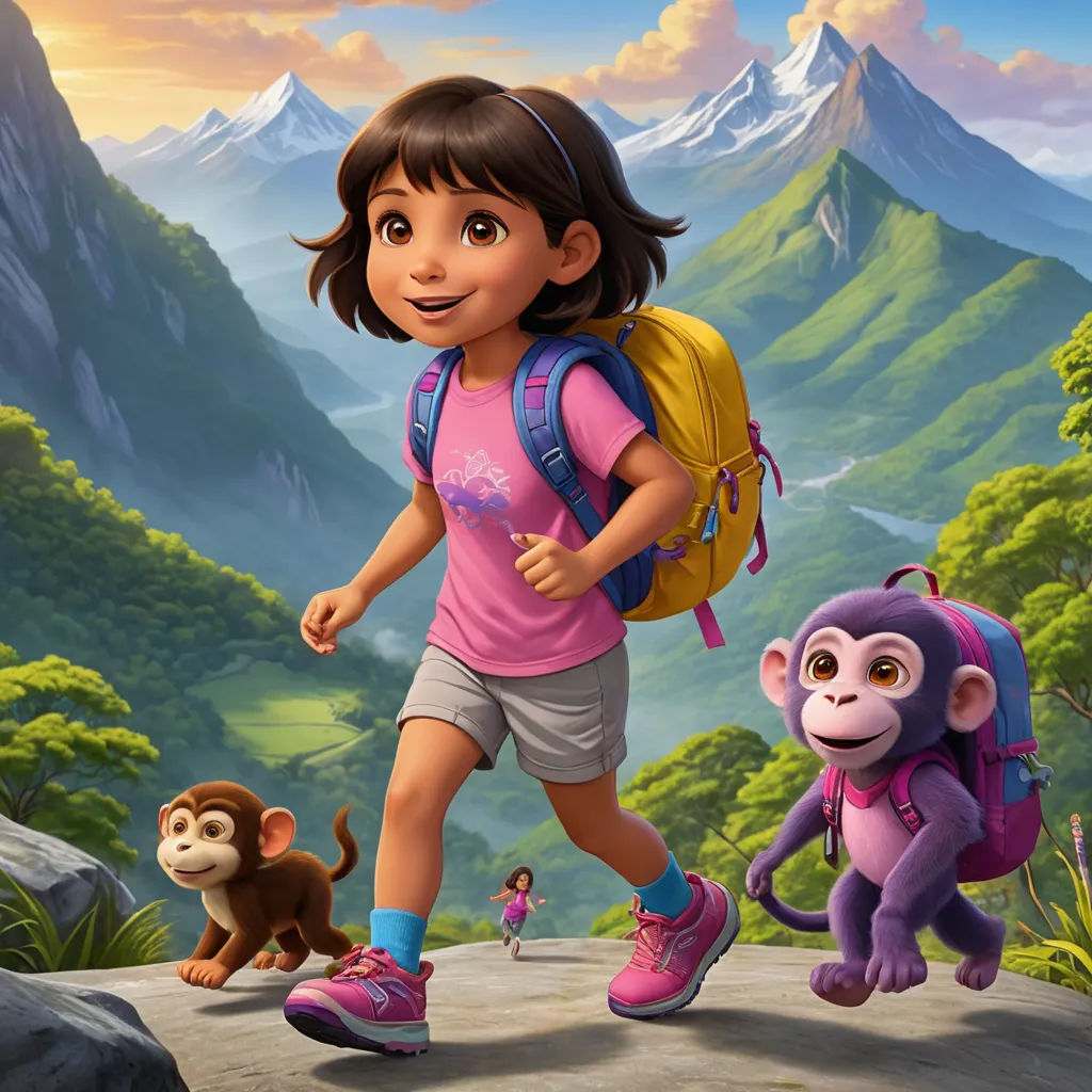 a girl with a backpack and a monkey on a mountain trail with a mountain background and a valley with trees, sots art, poster art, Ella Guru, promotional image