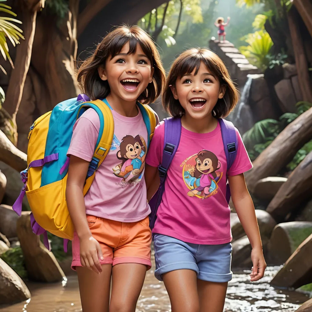 two girls are walking through a jungle with a backpack on their back and a backpack on their shoulder, and a waterfall in the background, primitivism, a digital rendering, disney, promotional image