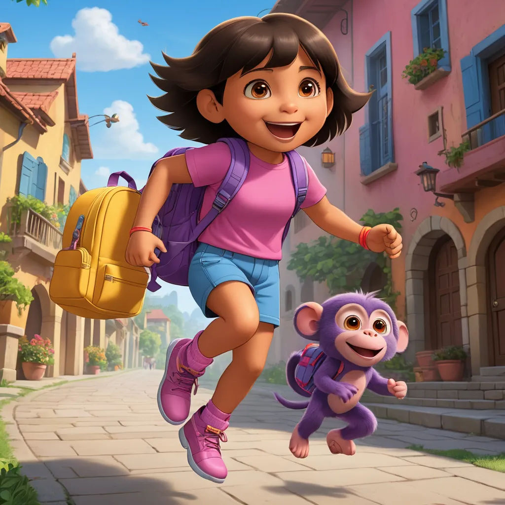 a girl running with a monkey in her hand and a backpack on her shoulder in front of a pink building, serial art, concept art, Ada Gladys Killins, promotional image