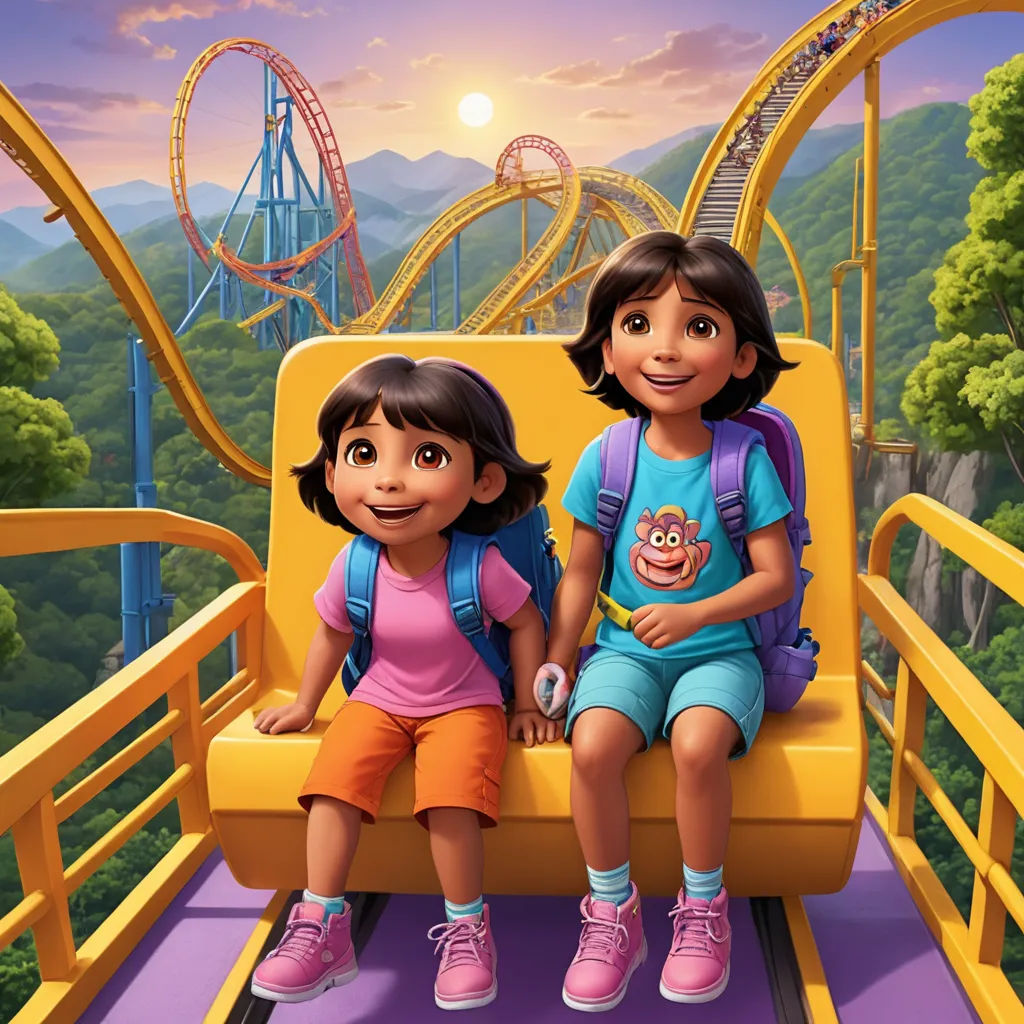 a couple of kids sitting on a yellow bench in front of a roller coaster at a theme park with a roller coaster in the background, sots art, a detailed matte painting, disney, promotional image
