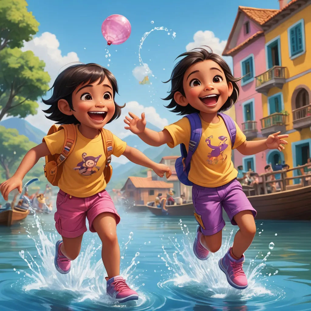 two children are playing in the water near a boat and a building with a pink balloon in the sky, photorealism, a storybook illustration, Brothers Hildebrandt, pixar and disney animation