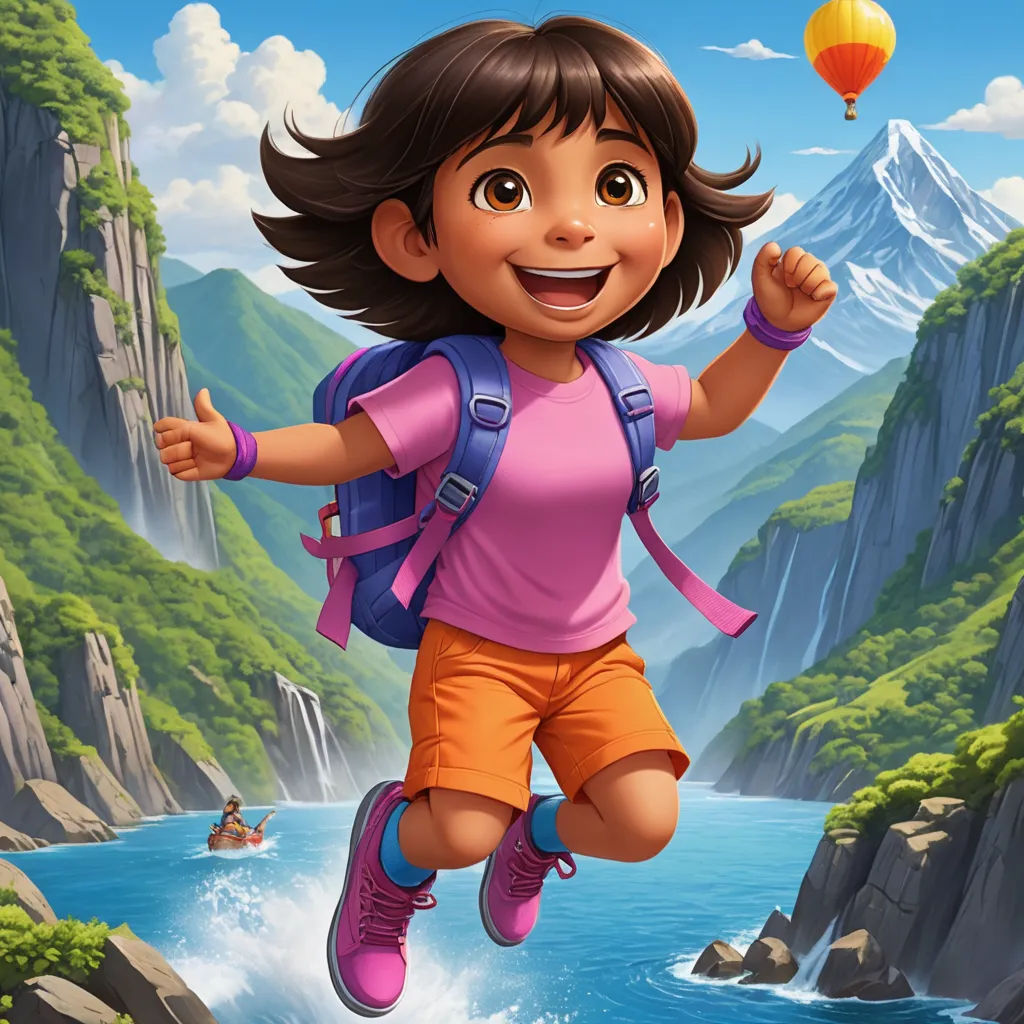 a girl is running across a river with a backpack on her back and a balloon in the air above her, serial art, poster art, Ada Hill Walker, promotional image