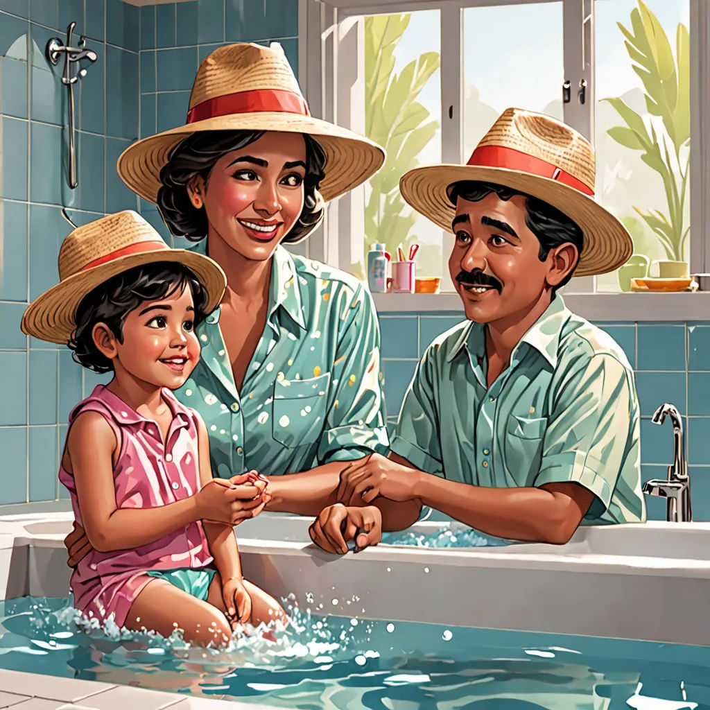 a painting of a man and a woman in a bathtub with a child in the tub and a man in a straw hat, american scene painting, a storybook illustration, F Scott Hess, official art