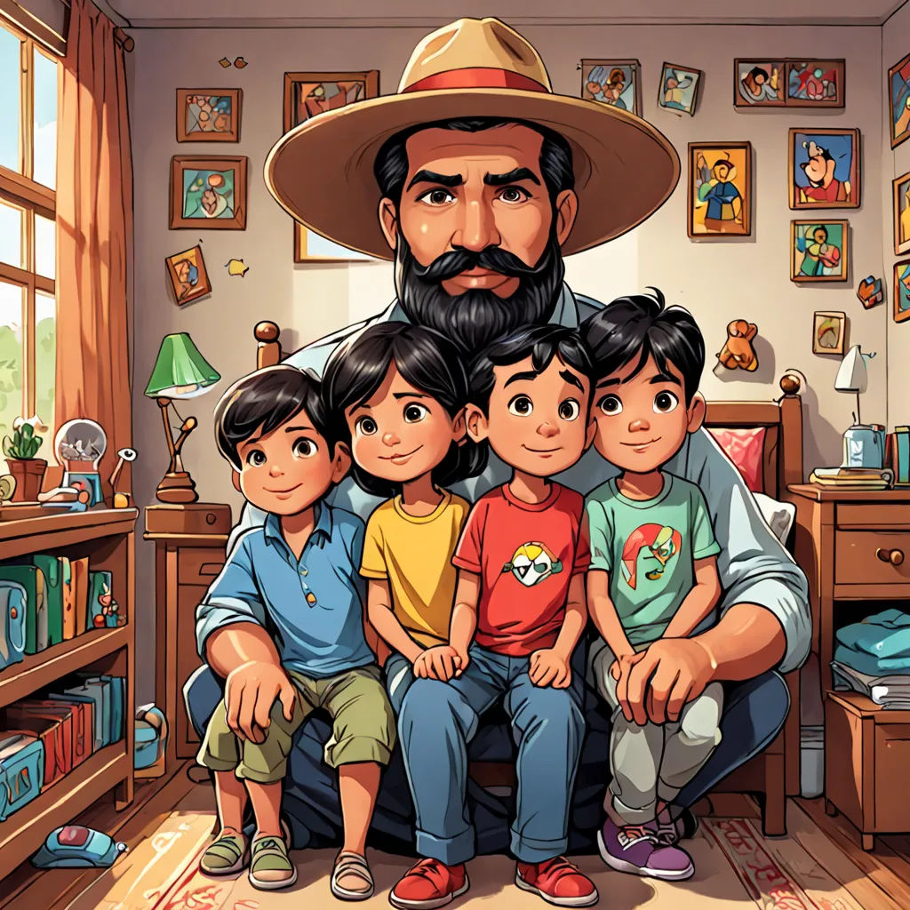 a man with a beard sitting on a couch with two children and a man with a beard on his head, serial art, a storybook illustration, Diego Gisbert Llorens, official art