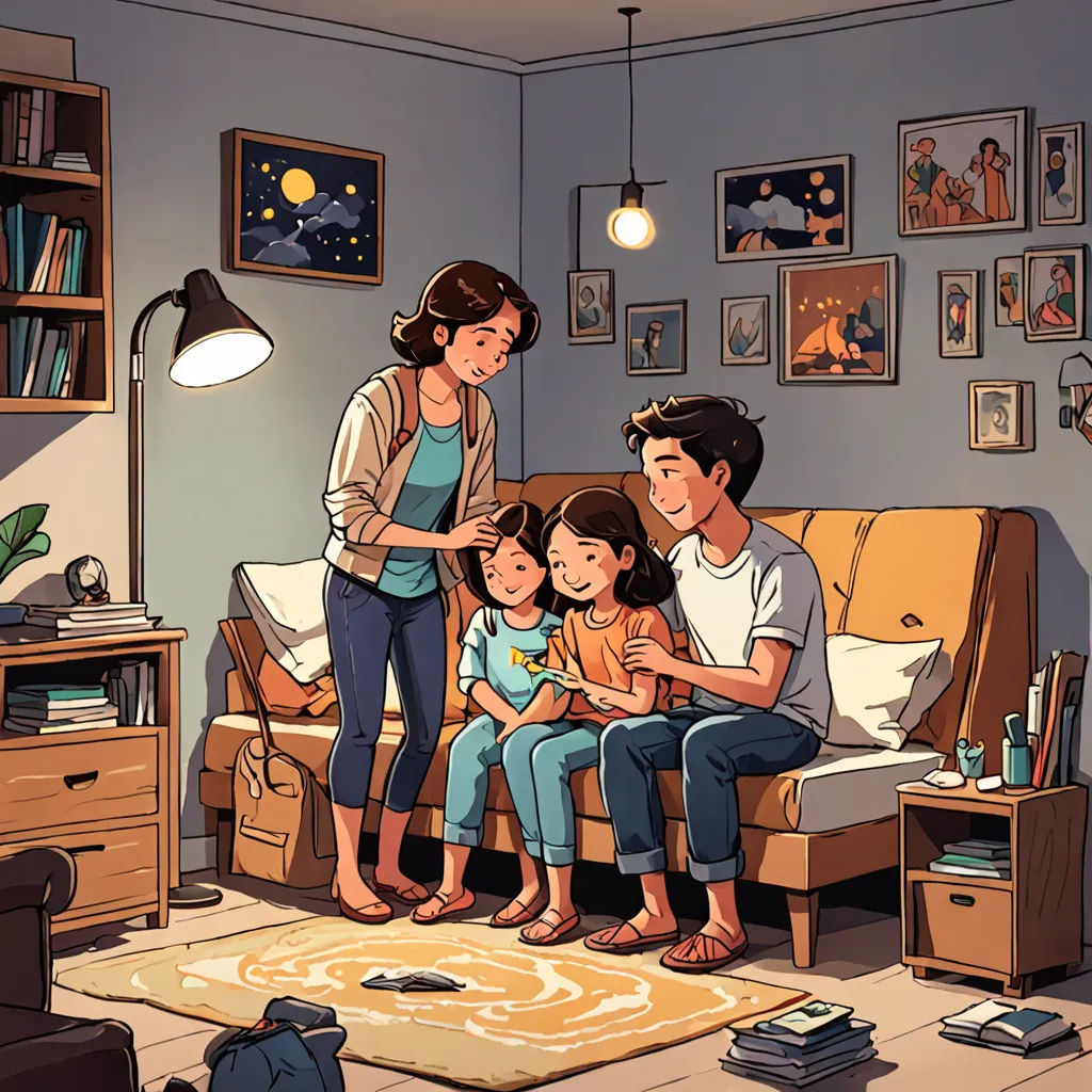a family sitting on a couch in a living room with a child on the couch and a man standing next to them, art & language, a storybook illustration, Asaf Hanuka, official art