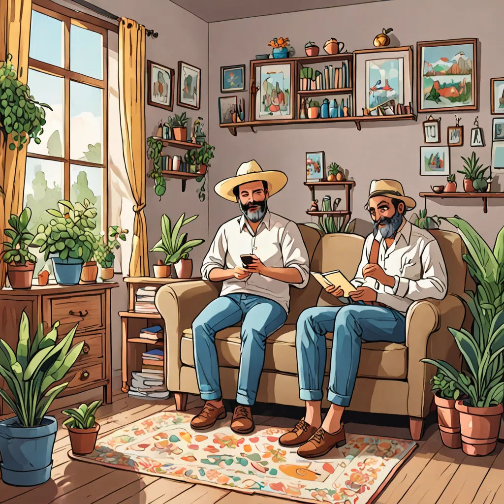 two men sitting on a couch in a living room with plants and a rug on the floor and a rug on the floor, art & language, a storybook illustration, Art & Language, high detail illustration