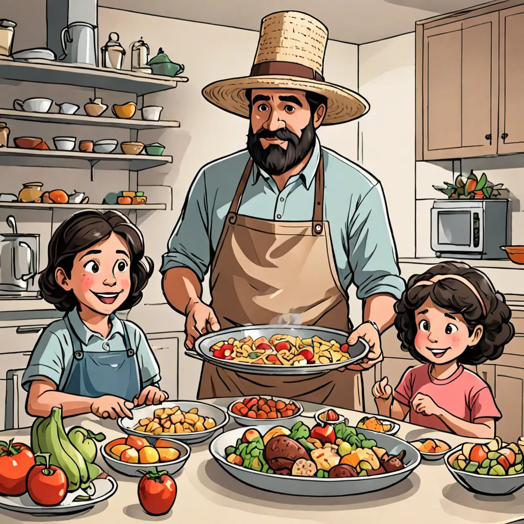 a man and two children are standing in front of a table full of food and plates of food on it, context art, a storybook illustration, Asaf Hanuka, official art