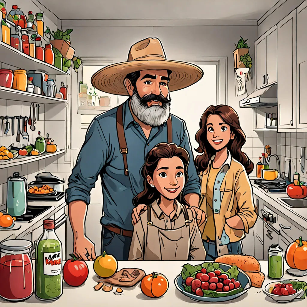 a man and two women standing in a kitchen with a plate of food on the counter and a man with a hat on, american realism, a storybook illustration, Arthur Sarkissian, ultra realistic illustration