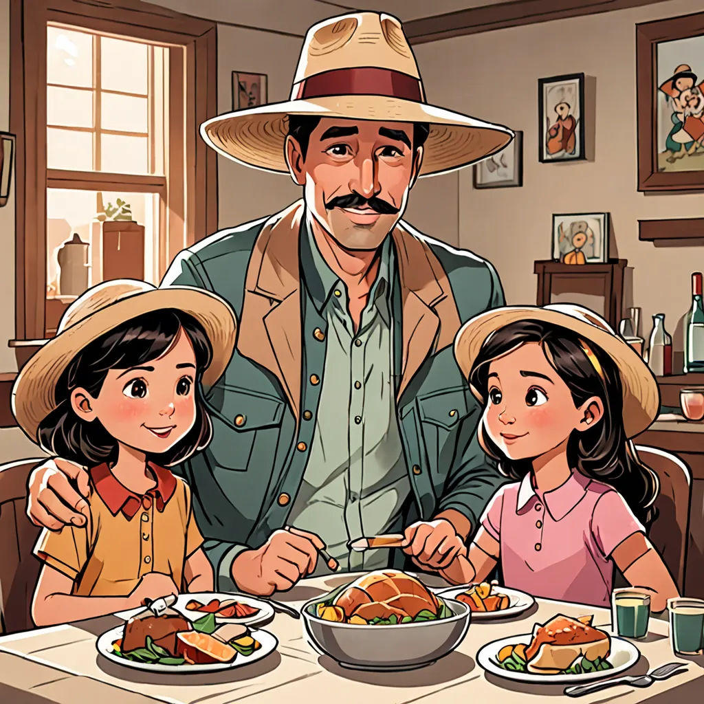a man and two children sitting at a table with food in front of them, and a man with a mustache, american scene painting, a storybook illustration, Cliff Childs, promotional image