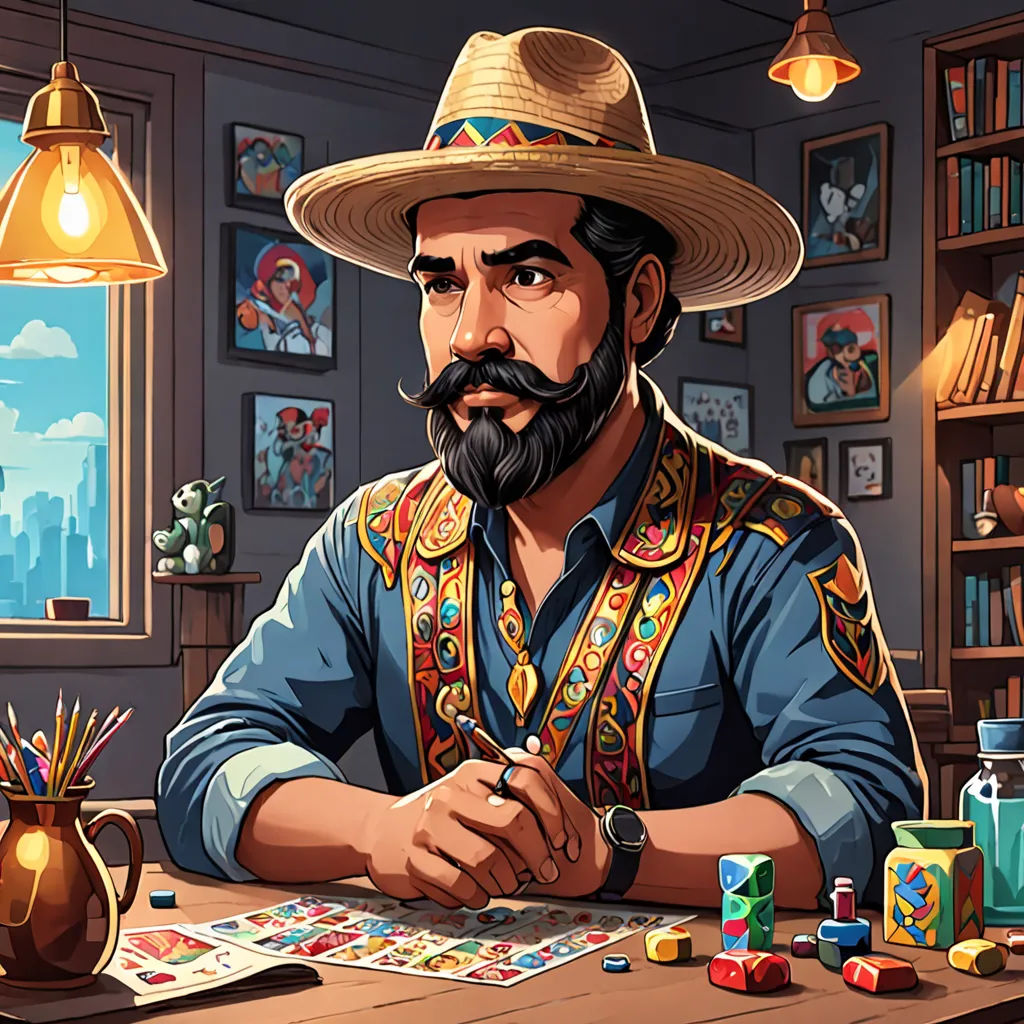 a man with a beard and a hat sitting at a table with cards and dice in front of him, serial art, a character portrait, Chris LaBrooy, game art