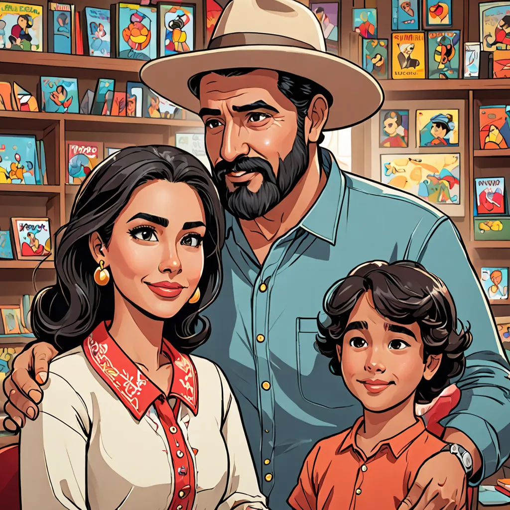 a man and woman standing next to a child in a library with bookshelves behind them and a man with a beard, private press, a storybook illustration, Asaf Hanuka, comic cover art