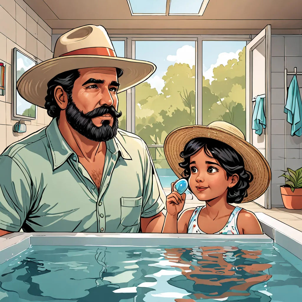 a man and a little girl are in a pool of water with a hat on their heads and a sun hat on their head, context art, a storybook illustration, F Scott Hess, storybook illustration