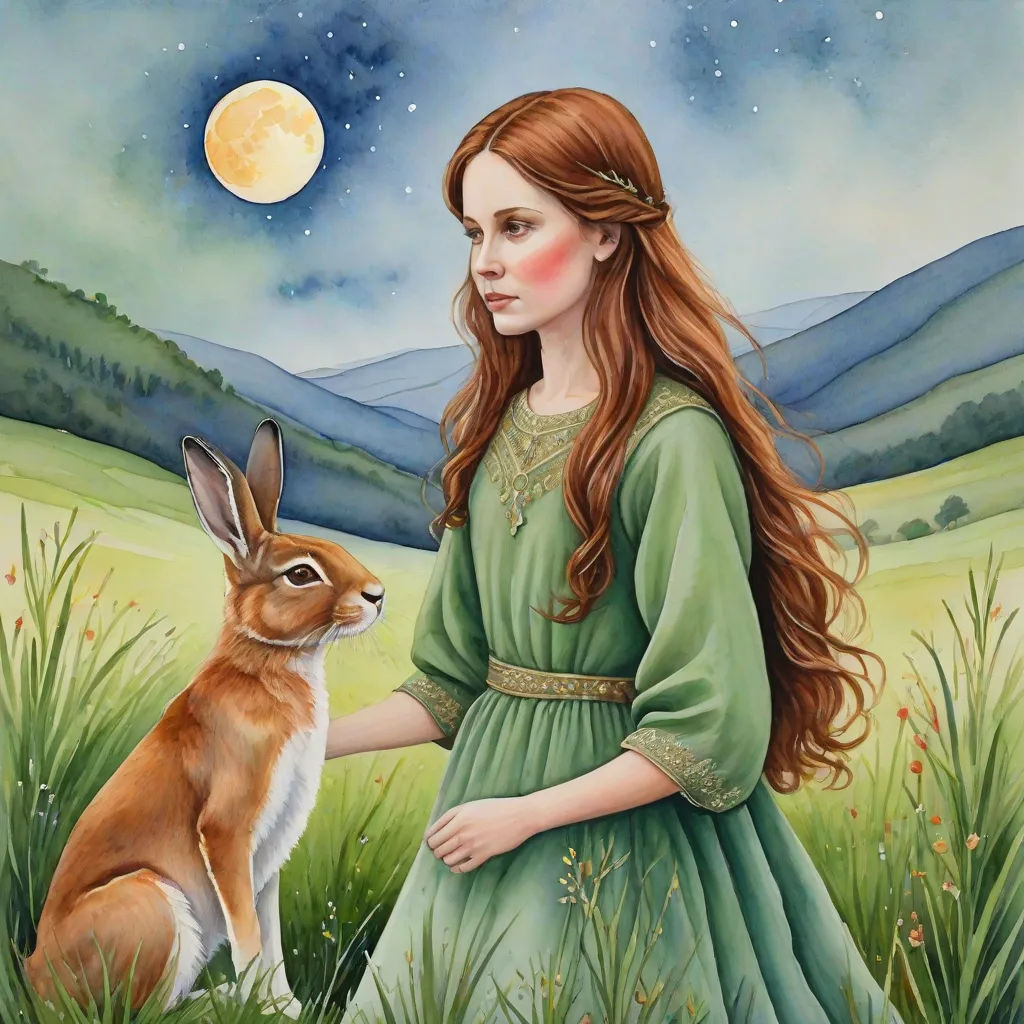 a painting of a girl and a rabbit in a field with a full moon in the background and a mountain range in the distance, fantasy art, a storybook illustration, Brigid Derham, leesha hannigan
