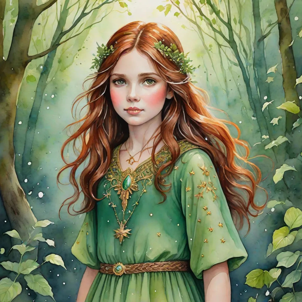 a painting of a girl in a green dress in a forest with leaves on her head and a green dress with a gold belt, fantasy art, a detailed painting, Charlie Bowater, green
