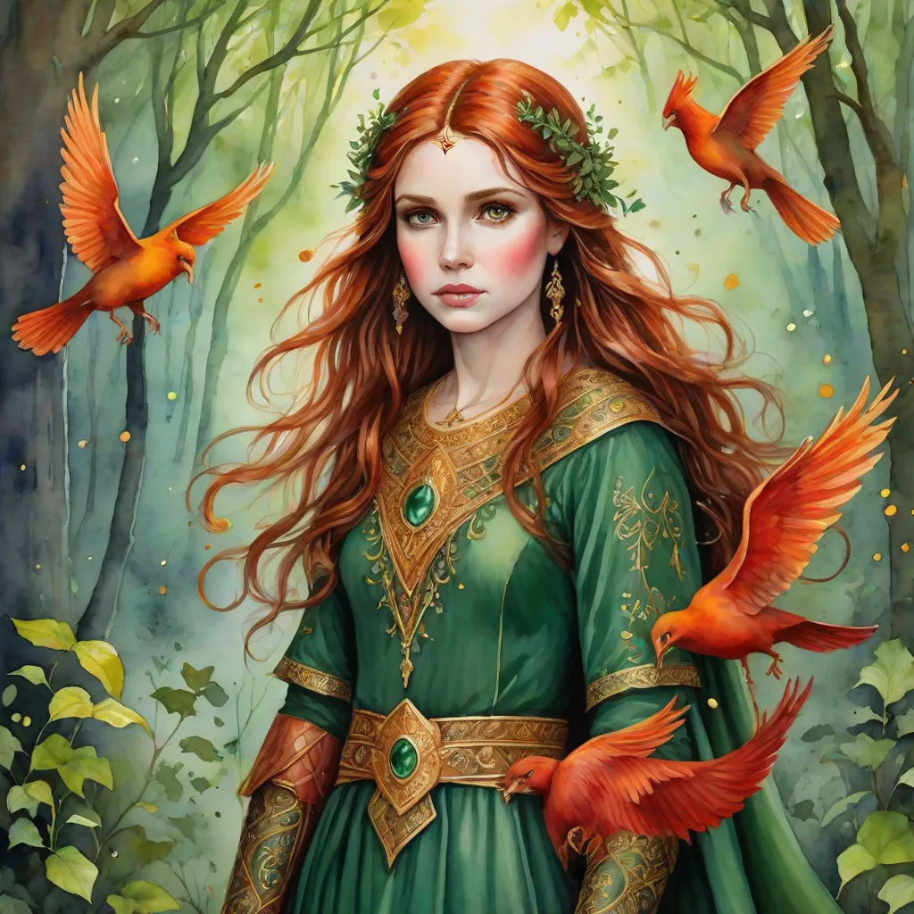 a painting of a woman with red hair and green dress in a forest with birds flying around her and a bird in her hand, fantasy art, a detailed painting, Anne Stokes, enchanting
