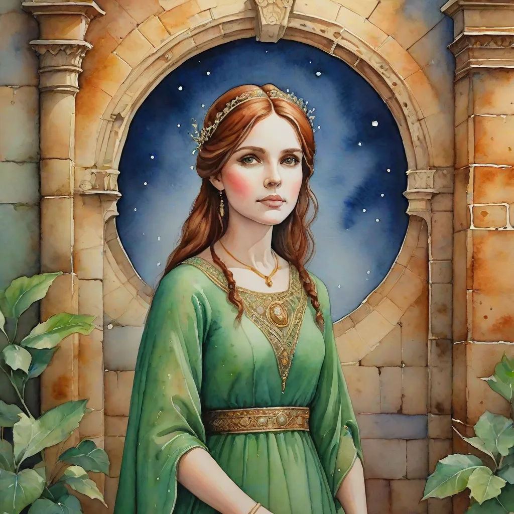 a painting of a woman in a green dress with a tiara on her head and a green dress with a gold belt, fantasy art, a detailed painting, Anne Stokes, beautiful detailed