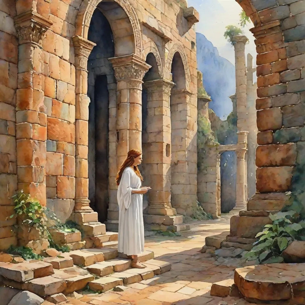 a painting of a woman in a white dress standing in a stone archway with a mountain in the background, figurative art, a fine art painting, Christophe Vacher, medieval