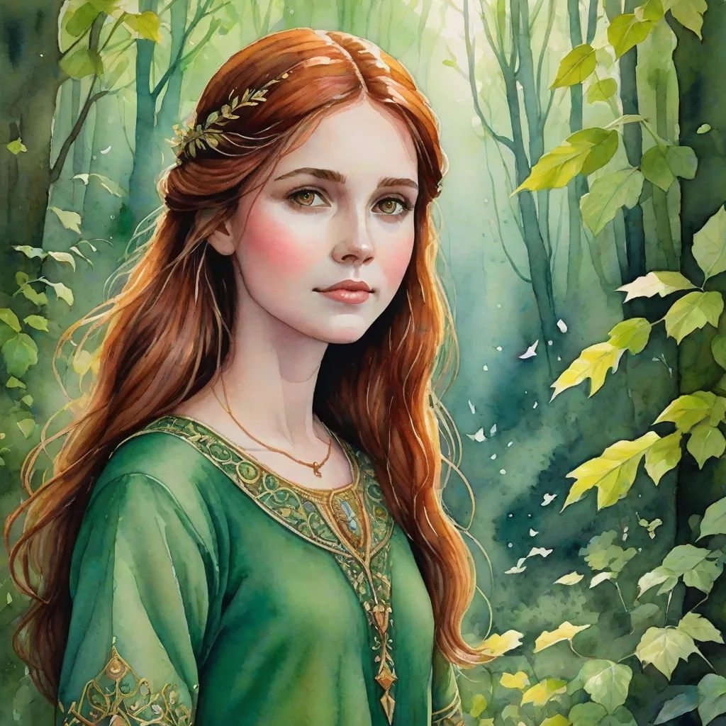 a painting of a girl in a green dress in the woods with leaves around her head and a green dress with a gold trim, fantasy art, a detailed painting, Anne Stokes, detailed painting