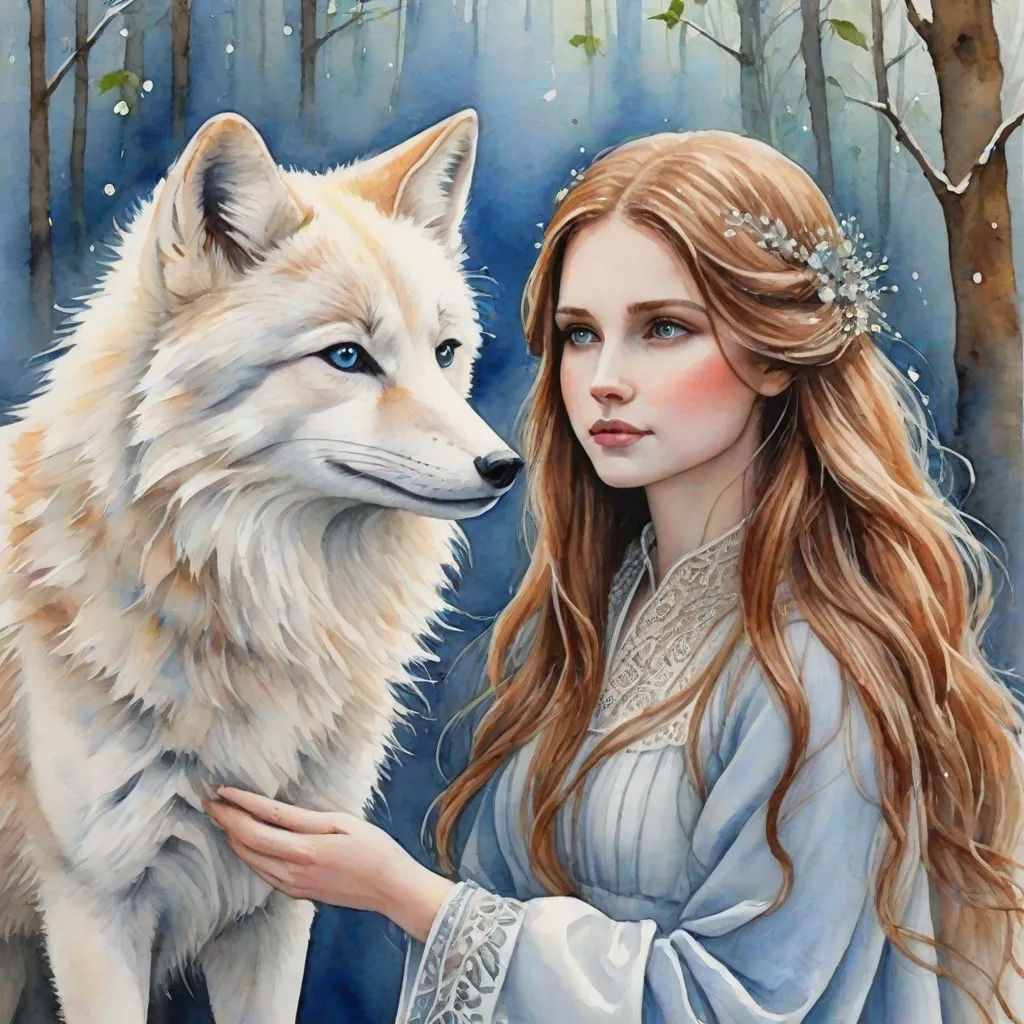 a painting of a woman and a wolf in the woods with trees and snow in the background, with a blue sky and white clouds, fantasy art, a fine art painting, Anne Stokes, enchanting