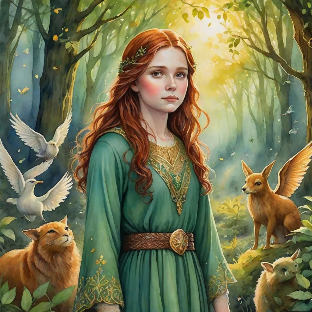 a painting of a woman in a green dress surrounded by animals and birds in a forest with trees and leaves, fantasy art, a storybook illustration, Elinor Proby Adams, leesha hannigan