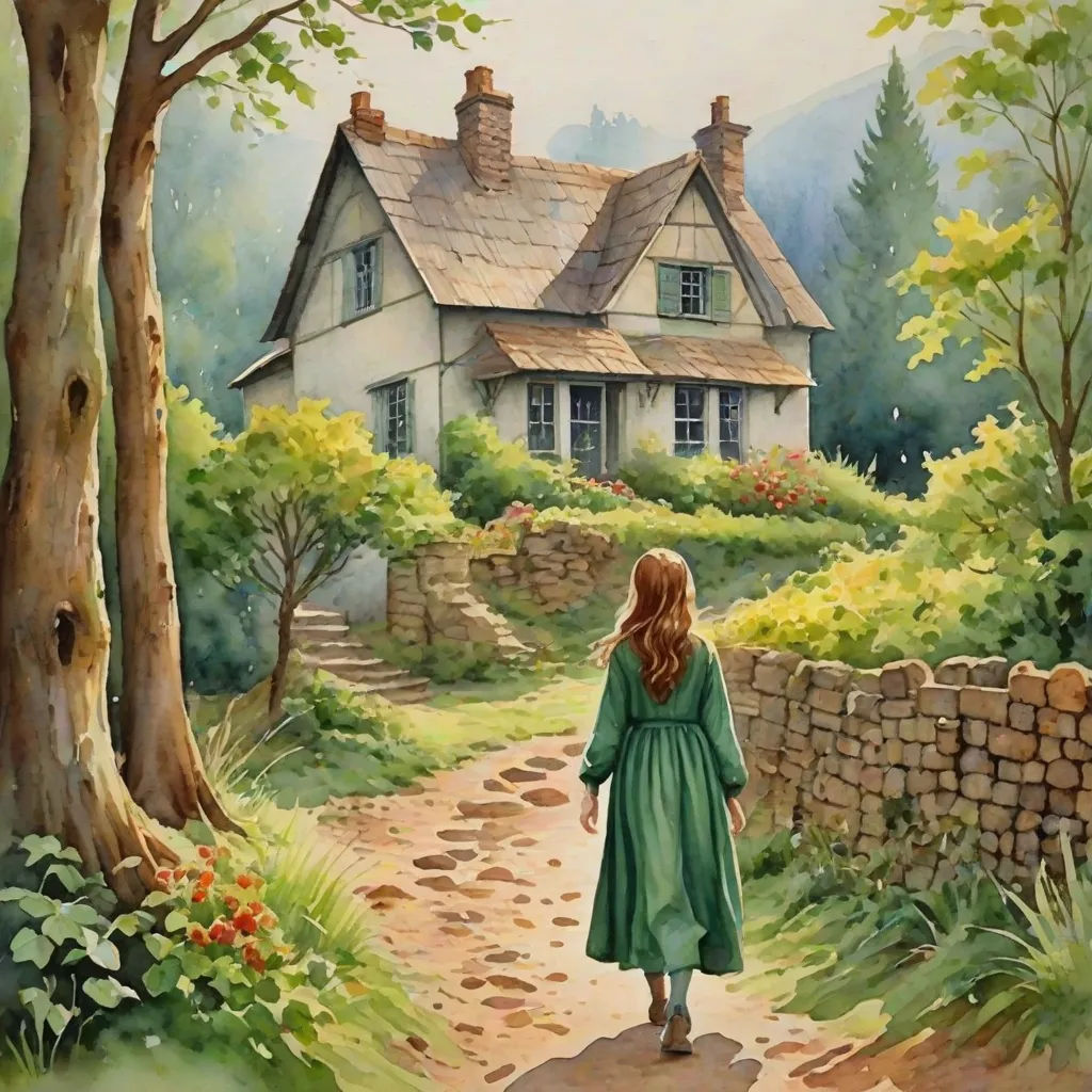a painting of a woman walking down a path towards a house with a stone wall and a stone fence, fantasy art, a storybook illustration, Celia Frances Bedford, kinkade