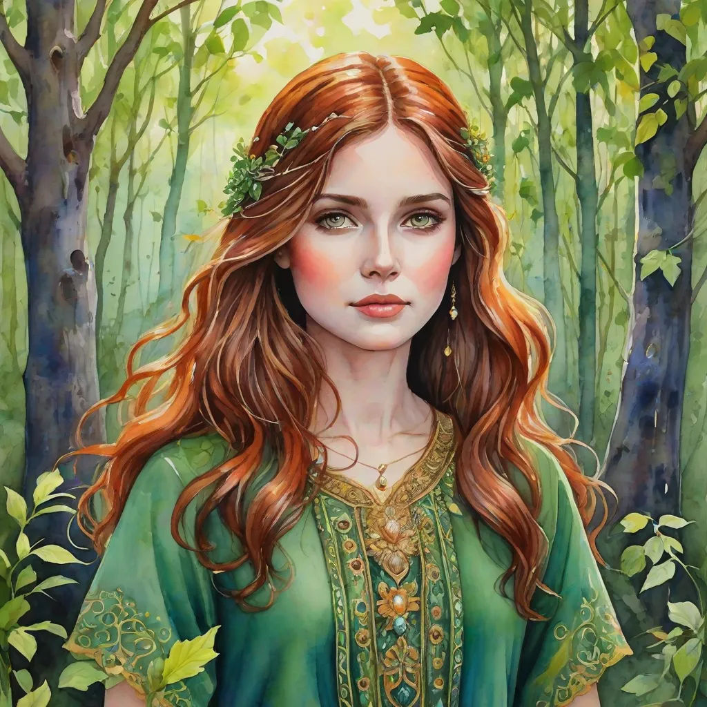 a painting of a woman in a green dress in a forest with trees and leaves around her head and a green dress with a green top, fantasy art, a fine art painting, Anne Stokes, enchanting