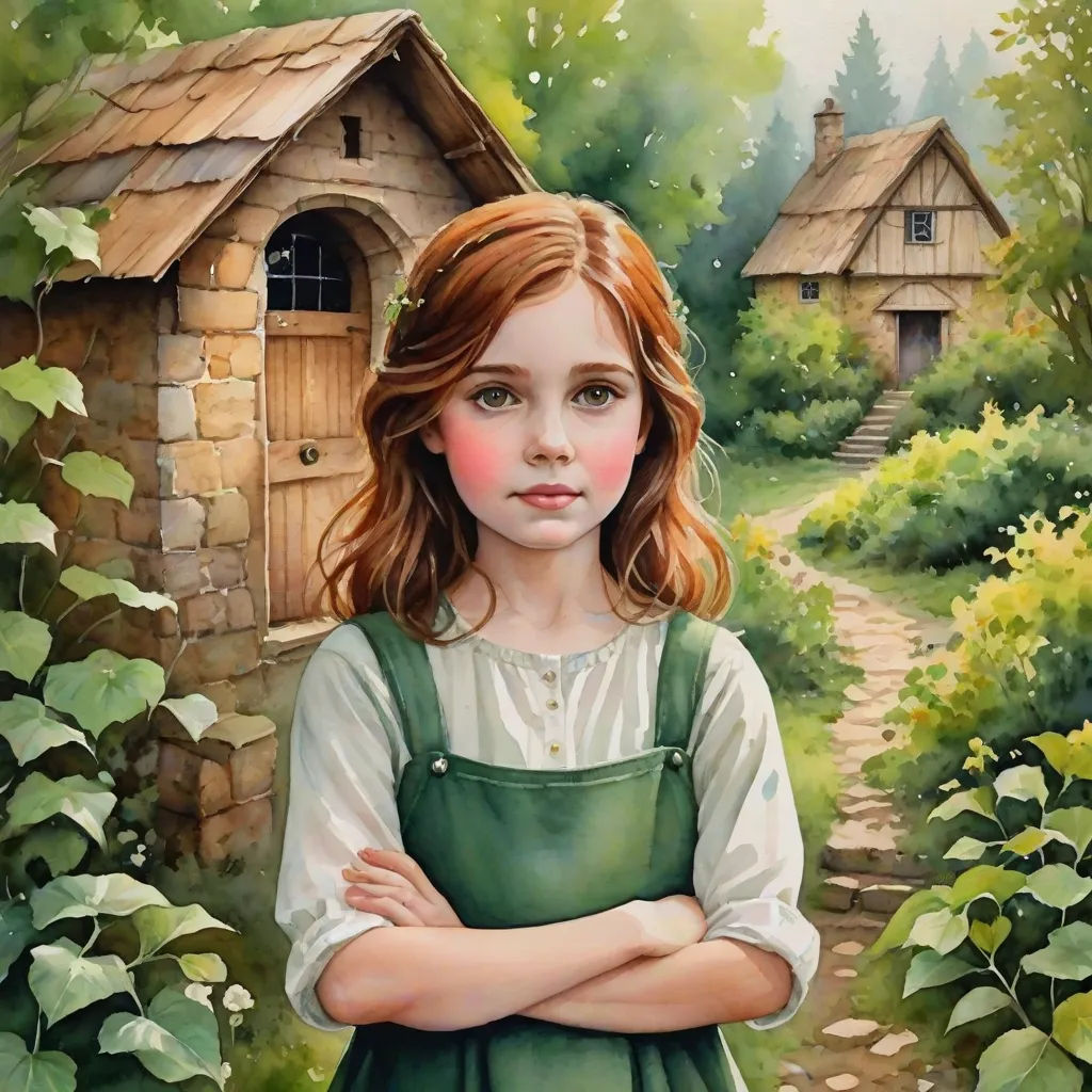 a painting of a girl in a green dress standing in front of a house with a garden and a path, fantasy art, a storybook illustration, Bob Byerley, storybook illustration