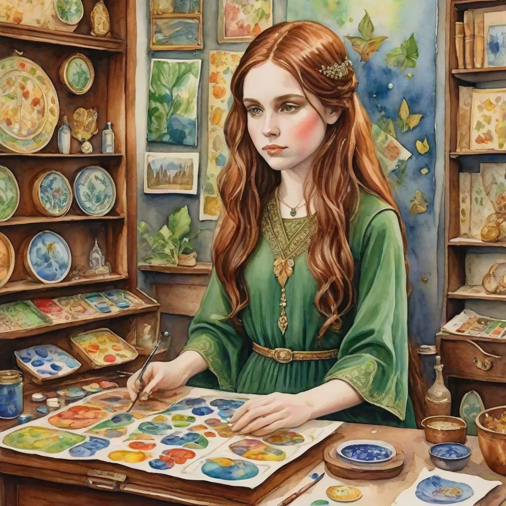 a painting of a woman sitting at a table with a painting on it's easel and a cup of coffee, fantasy art, a detailed painting, Amanda Sage, detailed painting
