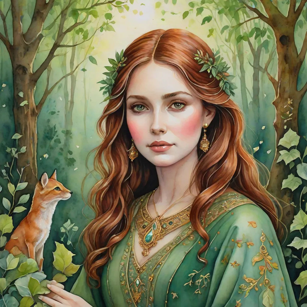 a painting of a woman with a fox in a forest with trees and leaves on her head and a fox in her hand, fantasy art, a detailed painting, Anne Stokes, detailed painting