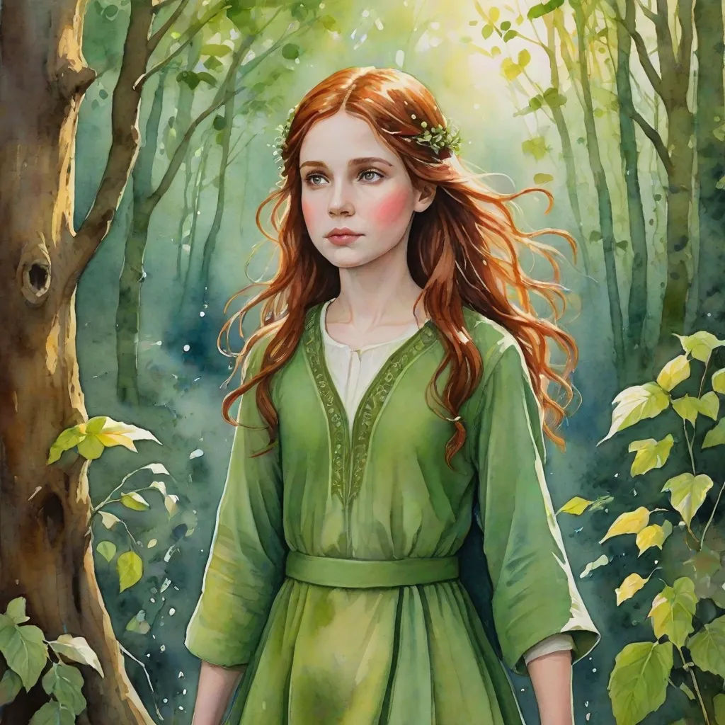 a painting of a girl in a green dress in a forest with trees and leaves on the ground and a sunbeam in the background, fantasy art, a detailed painting, Elinor Proby Adams, leesha hannigan
