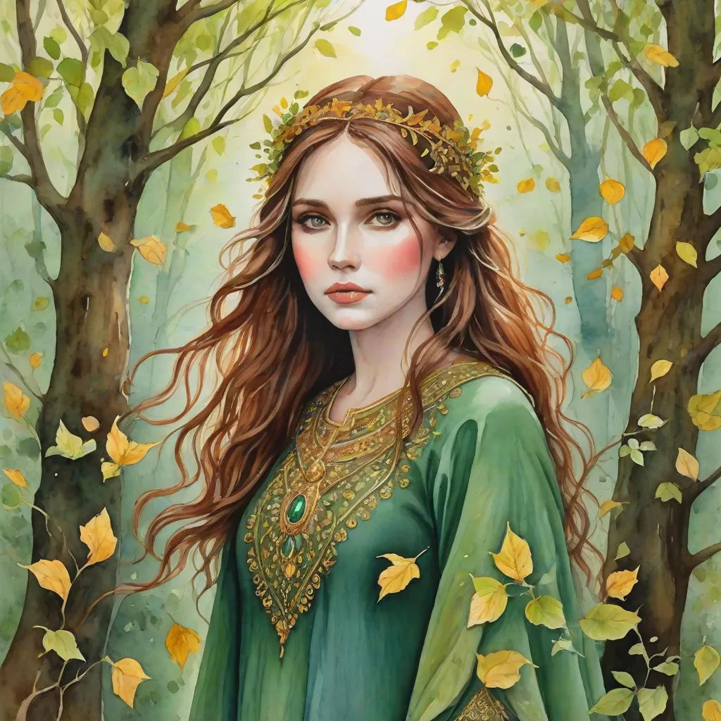 a painting of a woman in a green dress in a forest with leaves on her head and a crown on her head, fantasy art, a detailed painting, Amanda Sage, detailed painting