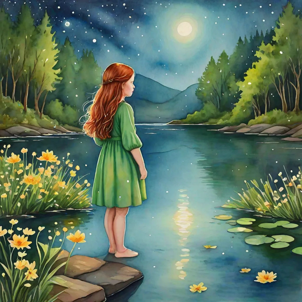 a painting of a girl looking at the stars above a lake and mountains with flowers in the foreground, fantasy art, a storybook illustration, Elinor Proby Adams, storybook illustration