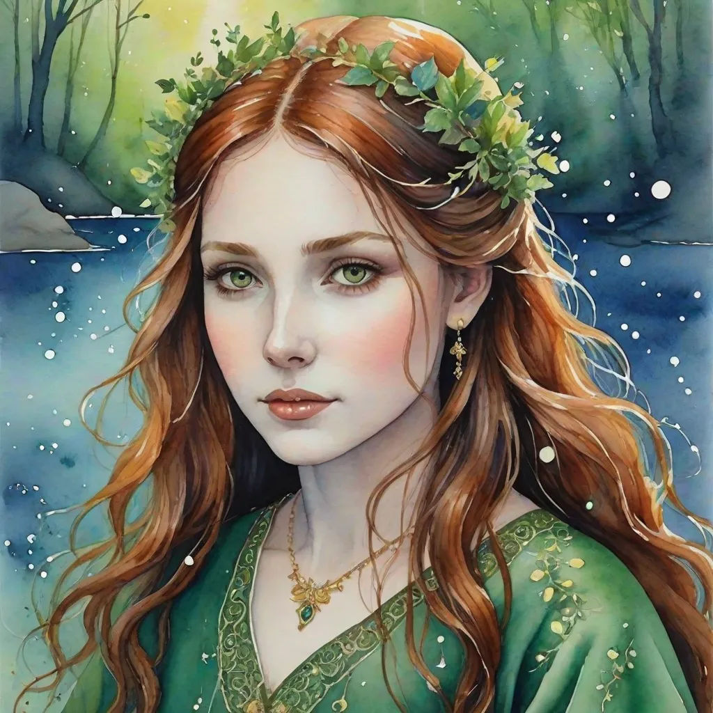 a painting of a woman with long red hair and green dress with a wreath on her head and a green dress with a green dress, fantasy art, a detailed painting, Anne Stokes, enchanting