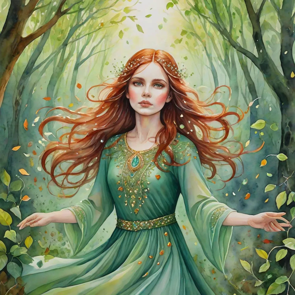 a painting of a woman in a green dress in a forest with leaves and trees around her, with her arms outstretched, fantasy art, a detailed painting, Charlie Bowater, fantasy artwork
