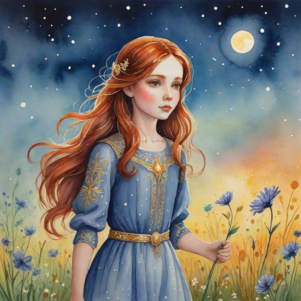 a painting of a girl in a blue dress standing in a field of flowers with a full moon in the background, fantasy art, a storybook illustration, Anna Dittmann, trending on art station