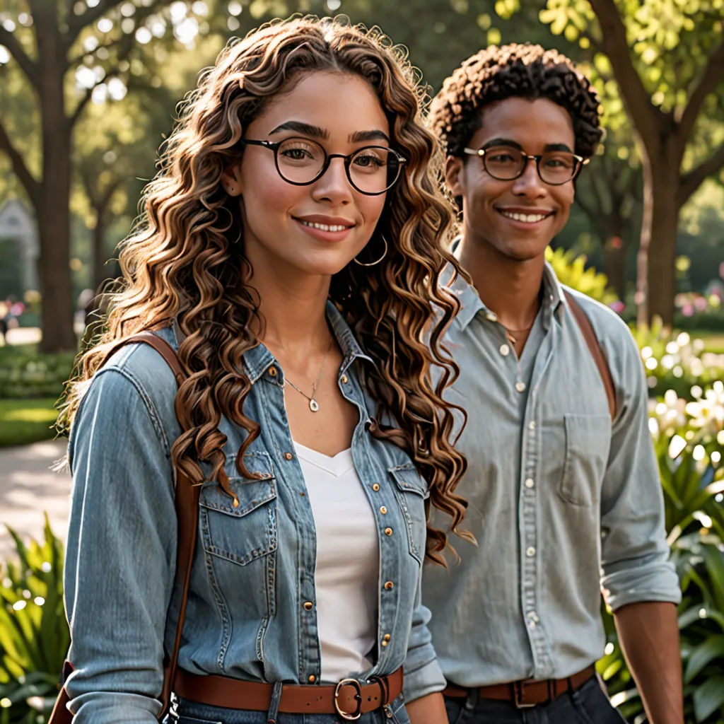 a man and a woman standing next to each other in a park with trees and flowers behind them and a bench, american barbizon school, a stock photo, disney, glasses