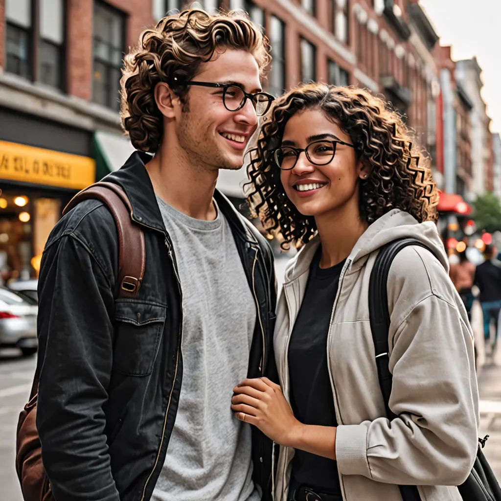 a man and a woman standing next to each other on a street corner smiling at the camera with a city in the background, american barbizon school, a stock photo, Christian Hilfgott Brand, promotional image