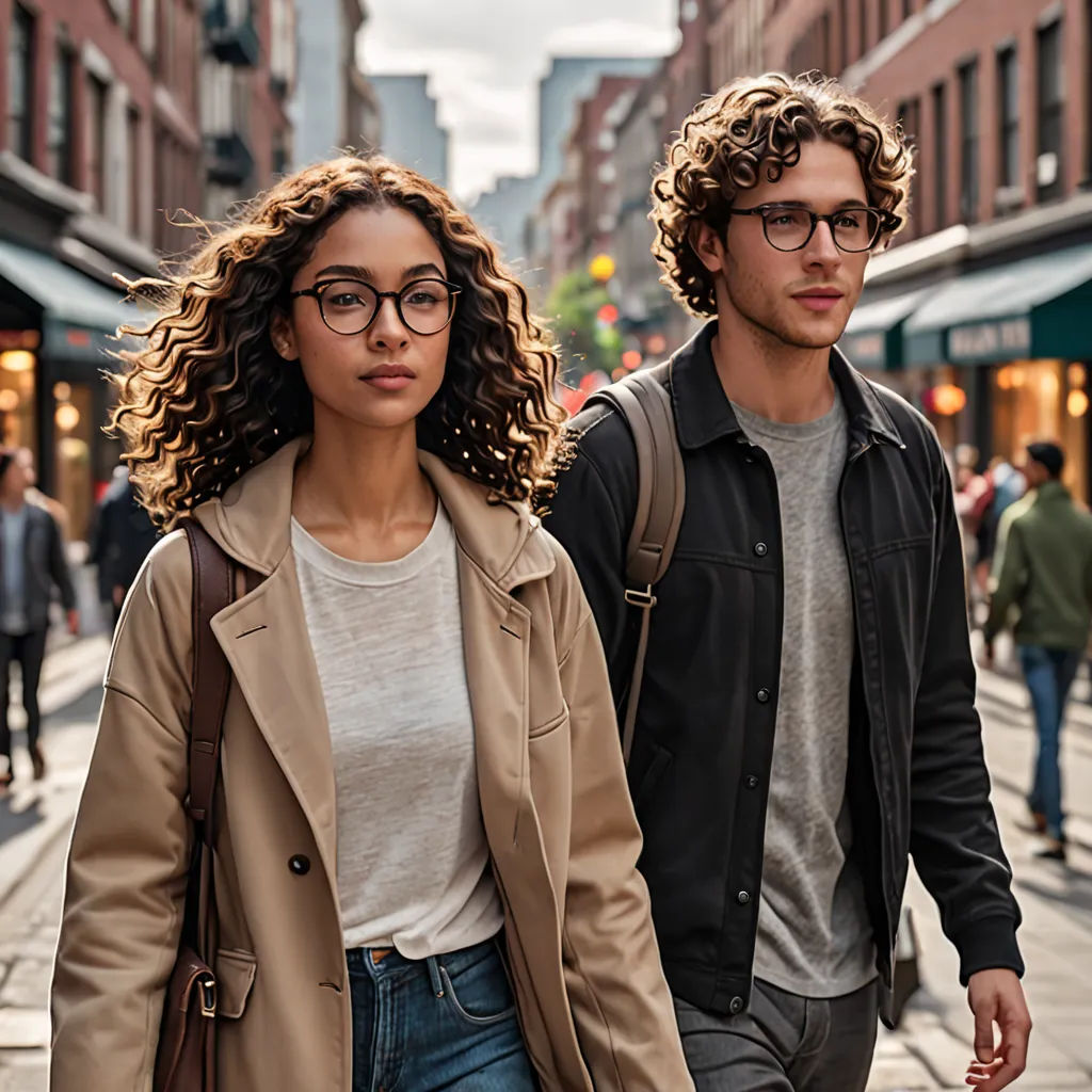 a man and a woman walking down a street together, both wearing glasses and a tan jacket, and a tan jacket, serial art, a stock photo, Christian Hilfgott Brand, promotional image